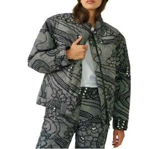 Free People SET B+W Floral printed Midnight Combo SNOW JACKET + PANTS…New!